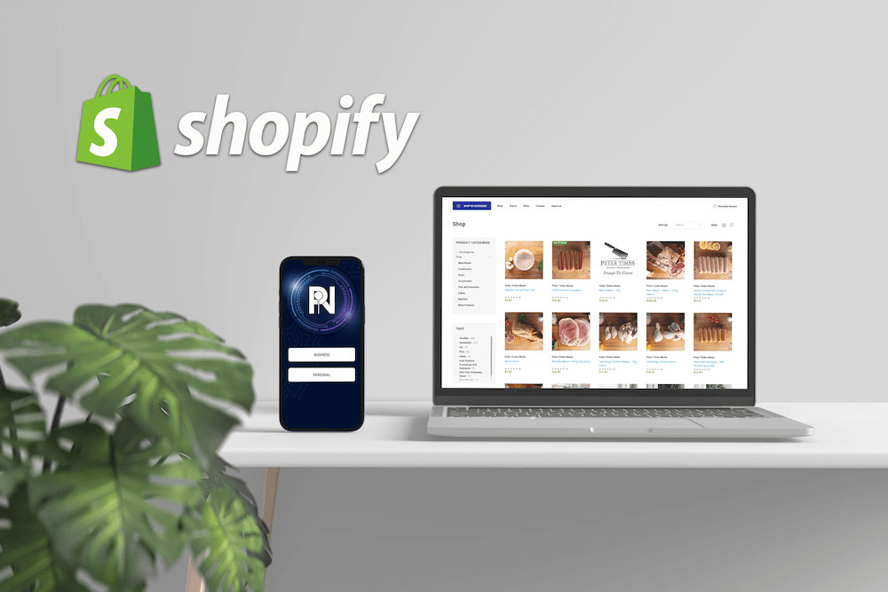 A mobile phone showing the PIN app next to a laptop displaying the PIN Marketplace. The Shopify Logo is displayed above.
