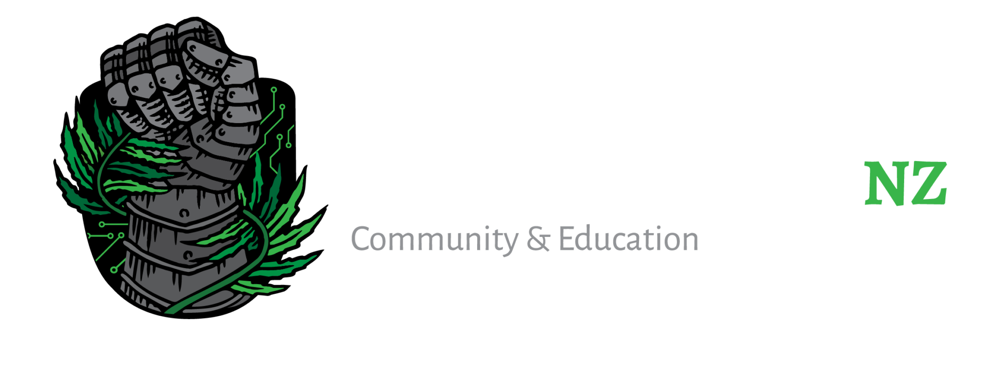 A logo for Cryptocurrency.org.nz of a metal fist with a plant growing around it and a digital background. It reads "Cryptocurrency NZ, Community & Education, established 2020"